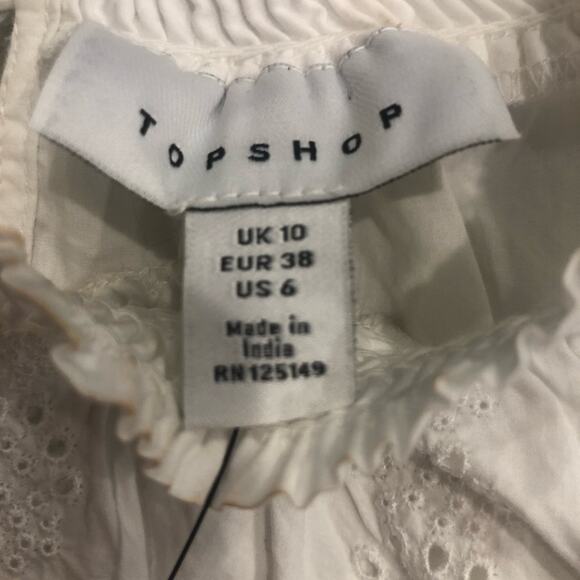 Topshop Shirred Embroidered White Ruffle Blouse Blouson Sleeves Size 6 Victorian - Picture 10 of 15